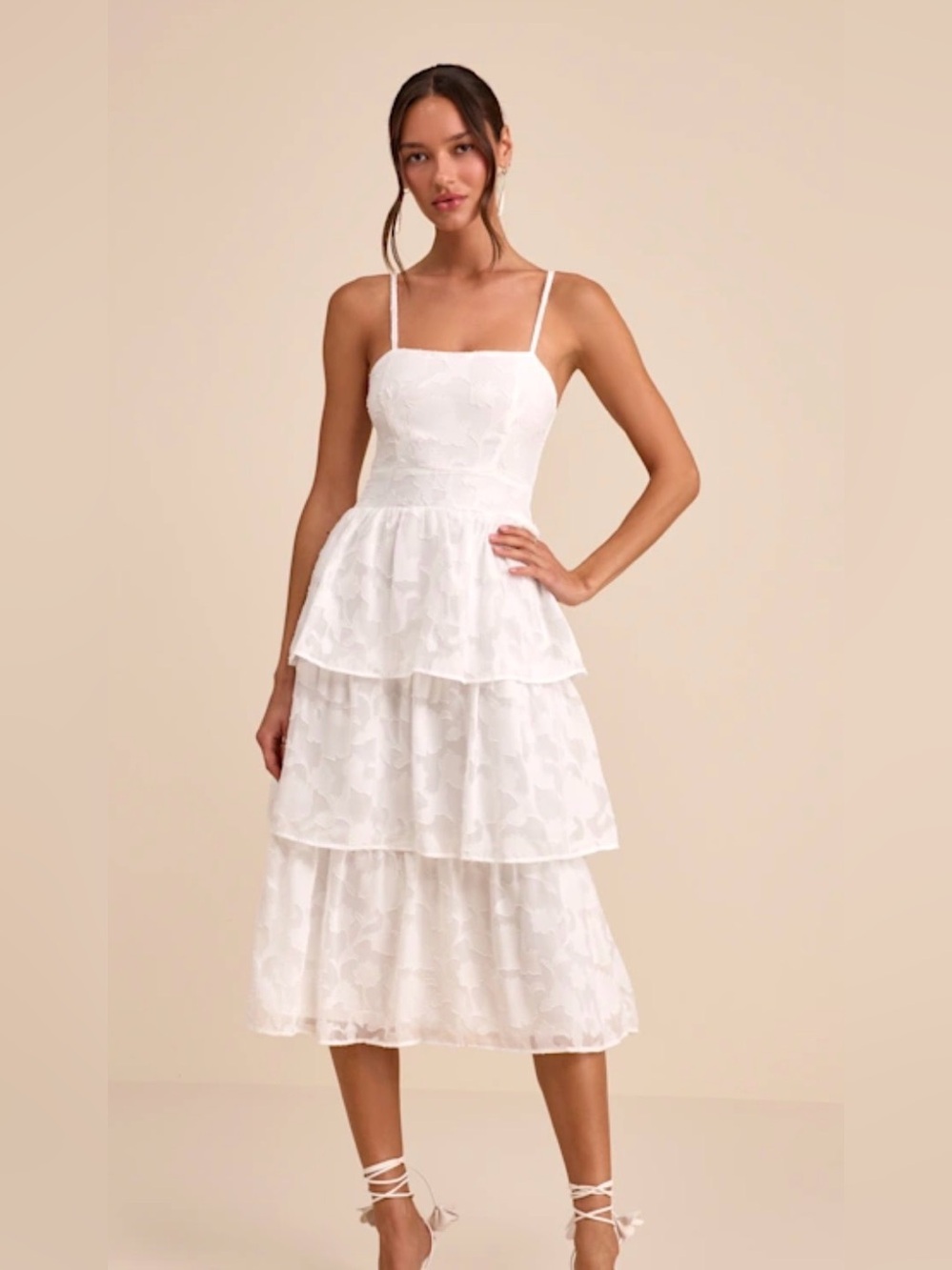 ✨ Lulus Grace and Beauty‎ White Burnout Floral Tiered Midi Dress XS ✨